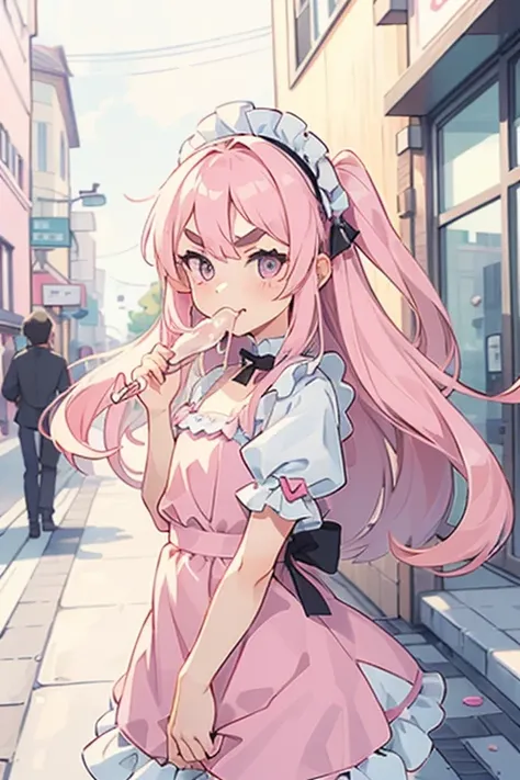 (one male standing aside a girl) and one girl with pink hair, long double-tailed hairstyle, ((small pink bushy eyebrows)), dress...