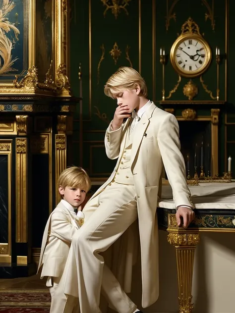 A 10 year old boy crying blond boy with blue eyes very white skin very beautiful and tender face in a large and elegant room with elegant dark male London clothes at night next to a large and elegant fireplace next to a large pendulum clock