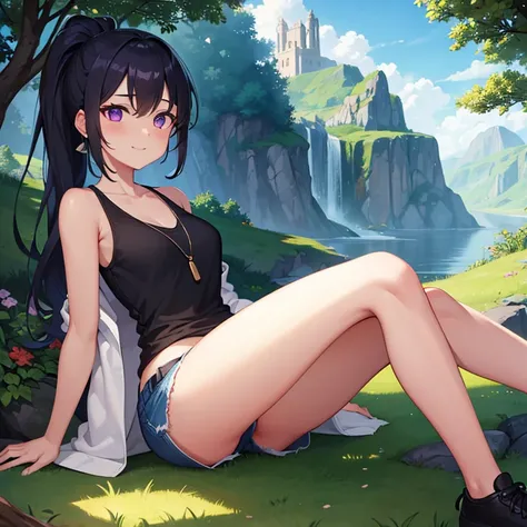 tan skinned girl, confident smug and happy expression, purple eyes, black hair in ponytail, sidebangs, black tank top and a gray cardigan, shorts, the background is nature and hills in the summer with a stone tower in the distance, , fantasy character conc...