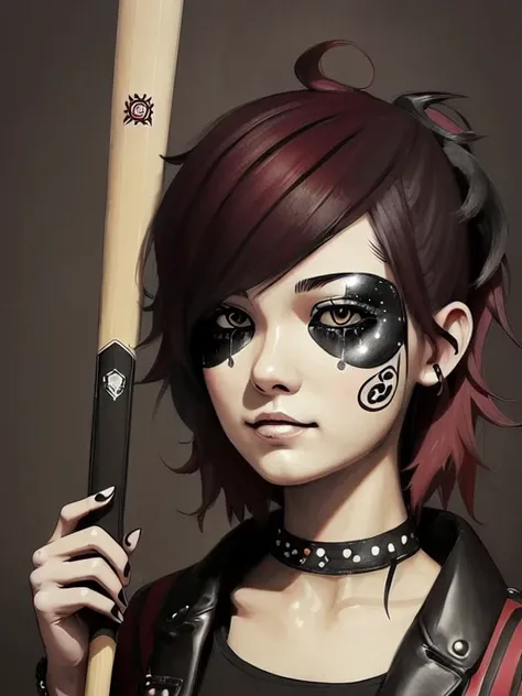 ((18-year-old punk girl,Unusual punk hair:1.3)),((Red and black punk fashion:1.5)),(Stuffed cow:1.5)Studded clothing、((He is holding a bloody baseball bat in his right hand..:1.5))、((Black backpack on the back))、（Light black and blue hair:1.5）,Wacky makeup...