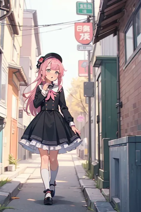 (walking down the street and looking into an alley).
(and in the background in the distance you can see a girl) girl with pink hair, long double-tailed hairstyle ((small bushy pink eyebrows)), dressed in lolita clothes, marked vagina, lolicon drawing style...