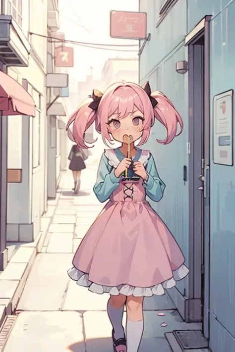 girl with pink hair, long double-tailed hairstyle ((small bushy pink eyebrows)), dressed in lolita clothes, marked vagina, lolicon drawing style (Zankuro) by the zankuro artist, Zancro style, image uploaded in R34, sucking penis in an alley, deep throat, c...