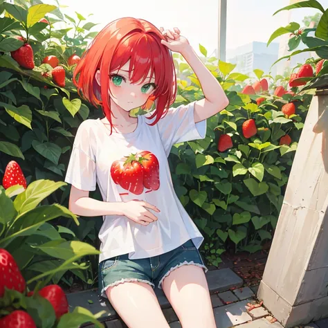 best quality, ultra high res, 1 girl, red hair, green eyes, short and thin body, wearing a white shirt and shorts, ((shy expression)), strawberry field