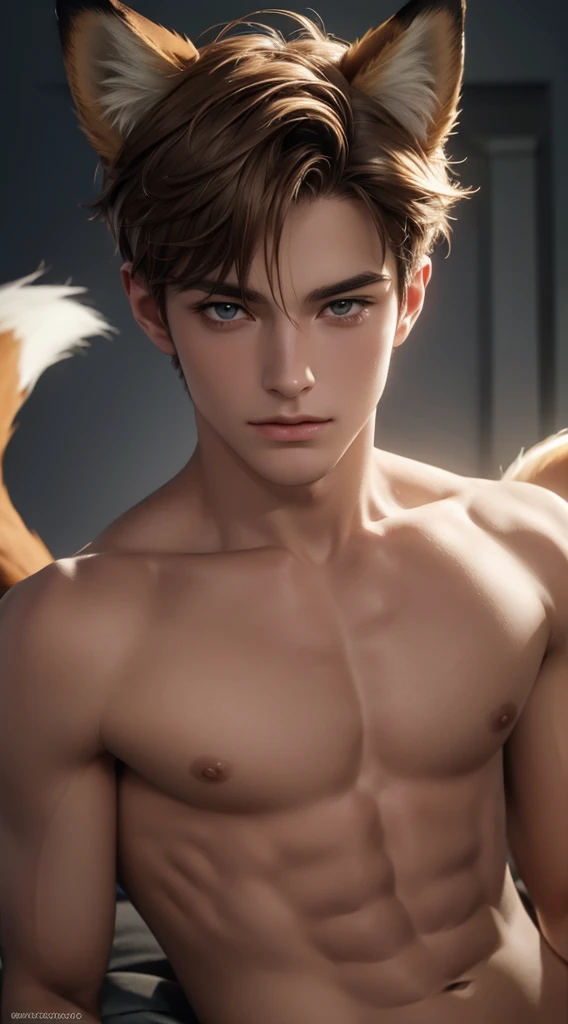 4k, high resolution, best quality, masterpiece, perfect color, perfect shade, perfect lighting, Posted by e621, ((portrait)), ((handsome man)), perfect male figure, Short hair details，Naked torso，Detailed face, perfect face, (stood up), Detailed background...