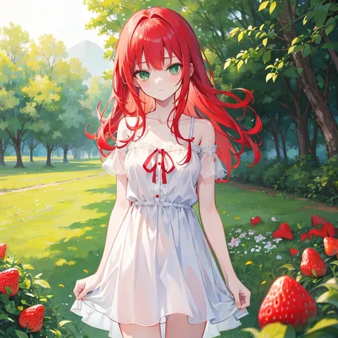 best quality, ultra high res, 1 girl, red hair, green eyes, short and thin body, wearing a white dress and shorts, ((shy expression)), strawberry field