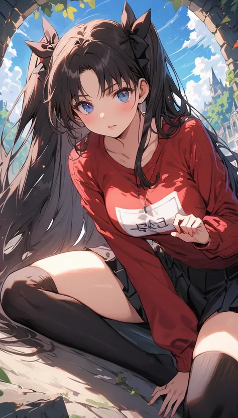 (((((Black knee-high socks, Absolute area))))), (masterpiece), One girl, alone, Perfect sexy female body, Tree Eyes, BREAK Ancient stone townscape, Beautiful windows, Sparkling turquoise eyes:1.8 BREAK rin_Tohsaka, Tohsaka rin, Black Hair, Long Hair, Black...