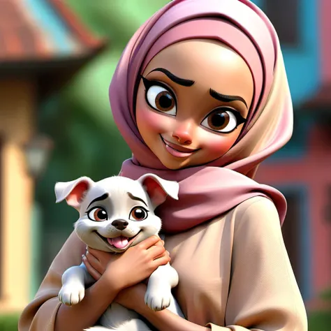 A malaysian woman (age 20, hijab no hair showing, athletic, a lite extra padding, hourglass figure, dressed appropriate o the scene) she is doing a commercial for PETA unclad, she is playing with puppies and having a ball