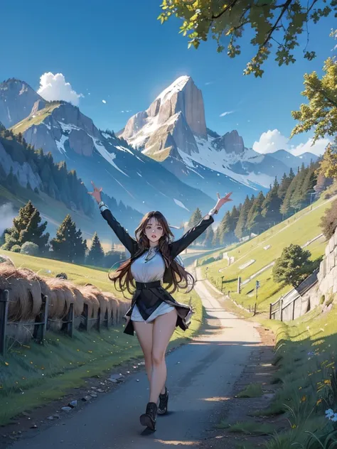 (best quality, masterpieces:1.2), extremely detailed background, a girl walking along a path leading to majestic mountains, figu...