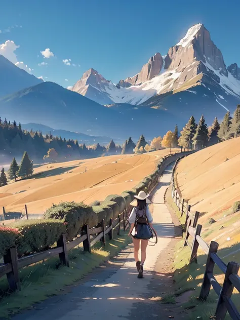 (best quality, masterpieces:1.2), extremely detailed background, a girl walking along a path leading to majestic mountains, figu...