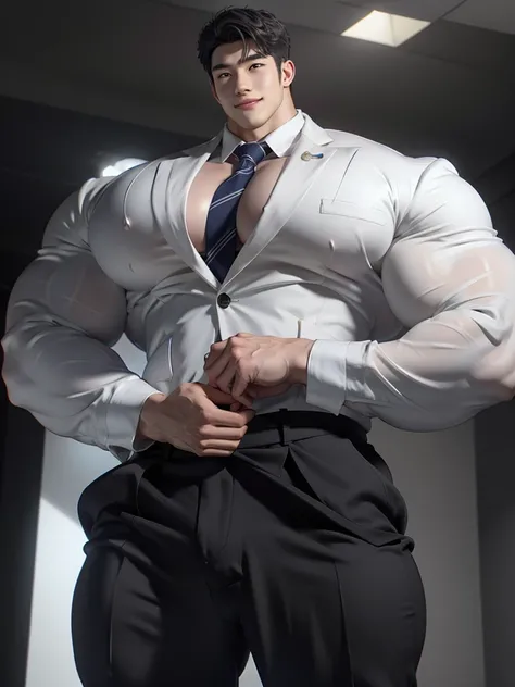 Boy, 1 korean male, (korean man with k-pop idol look), detailed face, heavy muscular, stubble, formal suit & pants, prominent bulge, photo real, illuminating light, sexy, big, brutalmass, giant, muscular body, bulk, massive body, large size, smile, 20 y.o,...