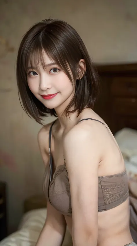 (masterpiece:1.7), (32k, Ultra-high resolution、Best image quality: 1.4), Japanese women、20-year-old、Beautiful woman:1.4、Brown Hair、(short hair:1.5)、Bedroom、In underwear、smile、Delicate background、Delicate face、Delicate eyes、Delicate body、Natural Makeup、