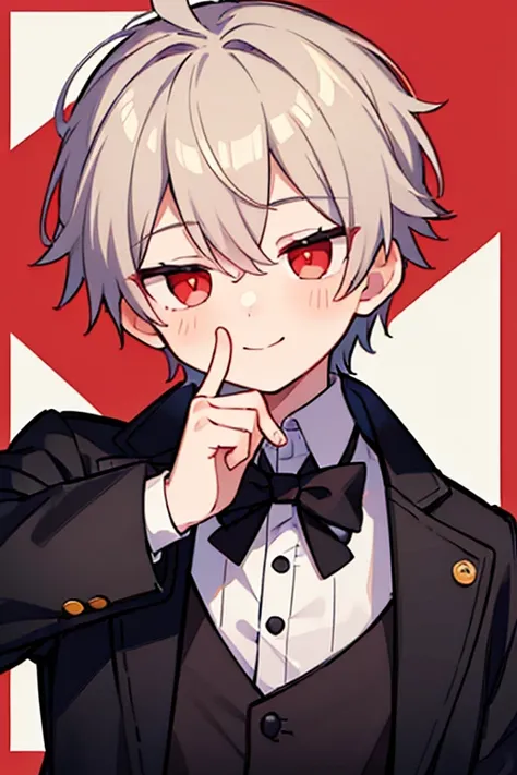 ((((1 boy)))),(idol)(high-quality, breathtaking),(expressive eyes, perfect face), 1boy, male, solo, short, young boy, short white hair, red eyes, smile