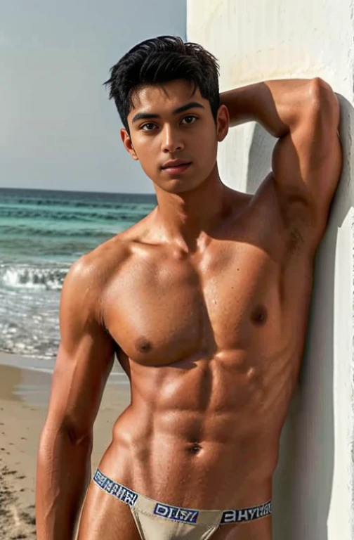 1 person，A handsome 20-year-old Indian boy，Expose abs，Wear long pants，On the beach，Wearing a beige thong underwear，Whole human body，gentlesoftlighting，masterpaintings，optimal quality，8K  UHD，digital DSLR camera，filmgrain，Fujifilm XT3 Realistic painting art...