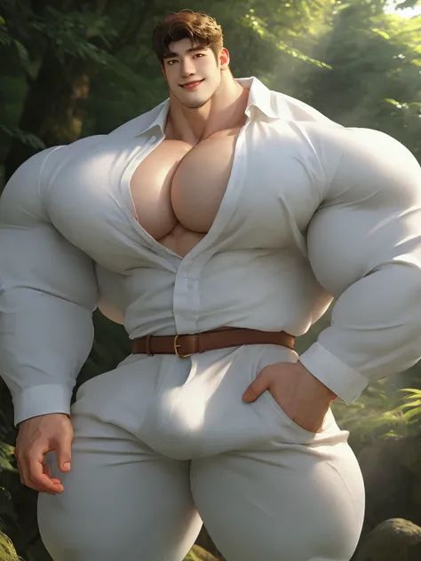 1boy korean male, (korean man with k-pop idol look), giant, model shoot style, looking at viewer, standing, strong body, standing, in the forest, white triangular underwear, prominent large bulge, brutalmass, detailed face, heavy muscular, stubble, formal ...