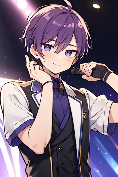 ((((1 male)))),(((idol))),(high-quality, breathtaking),(expressive eyes, perfect face), 1 male, male focus,solo,short purple hair, smile,upper body,male idol