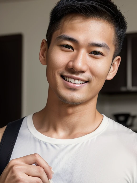 (( Look in the direction of the photographer with a smile on your face. maintain eye contact))((True-to-life imagery. a 28 year old .Wearing a white crew neck sleeveless shirt.Japanese man in black shorts)), ((  neat short hair.clean shaven handsome face))...