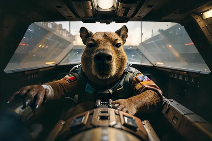 capybara piloting an x-wing spacecraft, closeup of pilot, flight suit, lasers, space battle, looking into cockpit through window...