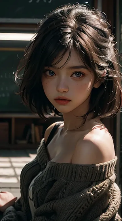 Best quality, masterpiece, ultra high res, (photorealistic:1.4), raw photo, 1girl, off shoulder, cinematic lighting, crawling, school, js, elementary school, big eyes