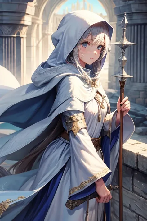 girl, white mage, cloak, hooded, medieval environment, ancient staff