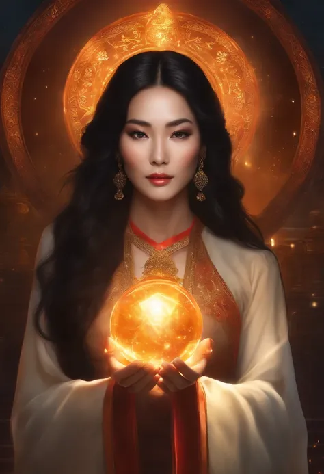 Female priest with long black hair, beauty,religious robes, hold a crystal ball with both hands,god of fortune telling,Head-Down Cast, Holding hands, Wearing a circlet, A simple halo around her head, Glowing Eyes, holy, Bright colors, Particles of light, T...