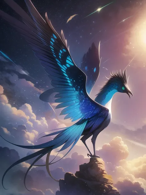 low angle, a mechanical holographic crystal bird is rising and cracked on translucent wings , eerie, bleak, challenging a mysterious sky of planets, epic, neon lights, smoke, particles,  