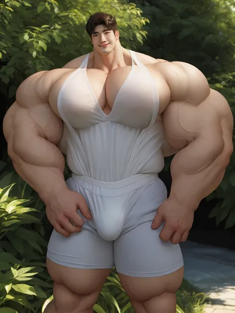 1boy korean male, (korean man with k-pop idol look), giant, model shoot style, looking at viewer, standing, strong body, standing, in the garden, white singlet & underpants, prominent large bulge, brutalmass, detailed face, heavy muscular, stubble, photo r...