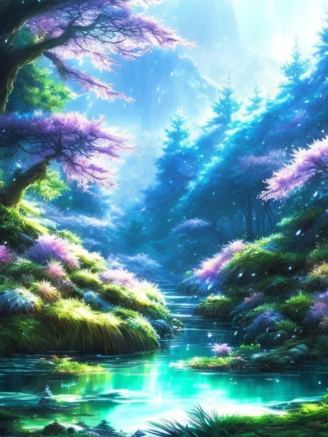 Anime-style forest and water scenes, Crystal Forest, glowing crystal cave, Anime background art, elf forest background, enchanted magical fantasy forest, background artwork, Enchanted forest background, Magical fantasy forest, Enchanted forest background, ...