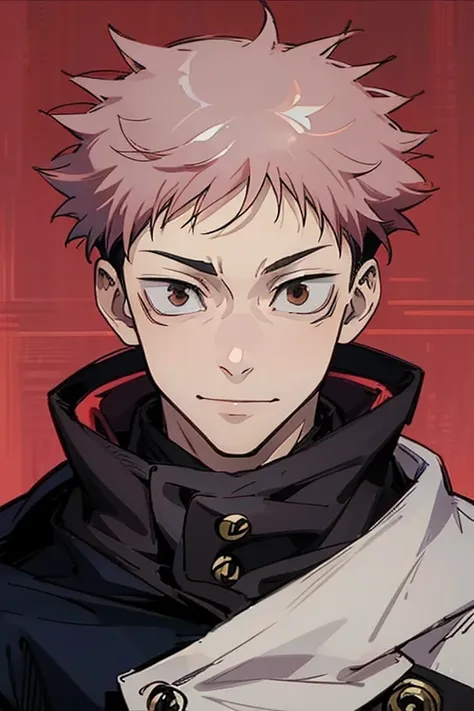 young boy, smile, itadori yuji, uniform jujutsu blue, brown eyes, pink hair, short hair, anime style jujutsu kaisen. strongest. ...