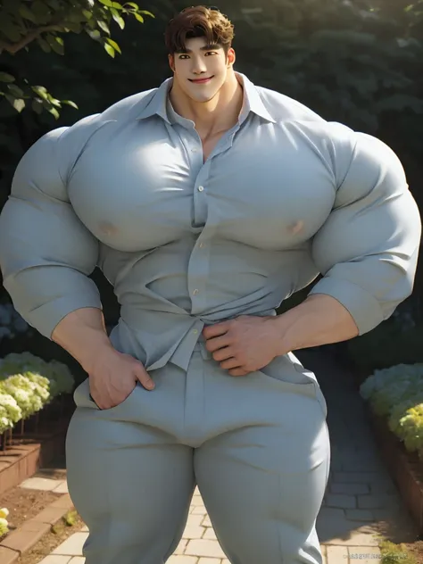 1boy korean male, (korean man with k-pop idol look), giant, model shoot style, looking at viewer, standing, strong body, standing, in the garden, formal suit & pants, prominent large bulge, brutalmass, detailed face, heavy muscular, stubble, photo real, bi...