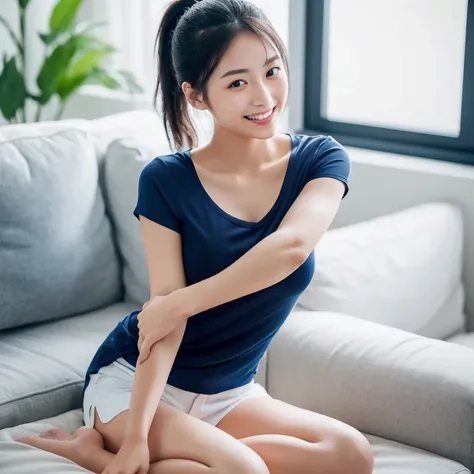 A beautiful young Japanese woman with a ponytail stood in the living room wearing a plain navy blue T-shirt and white shorts, looking meekly at me and smiling slightly. Focal length 100mmf/2.8, spring morning, cloudy, living room on the upper floor of a hi...