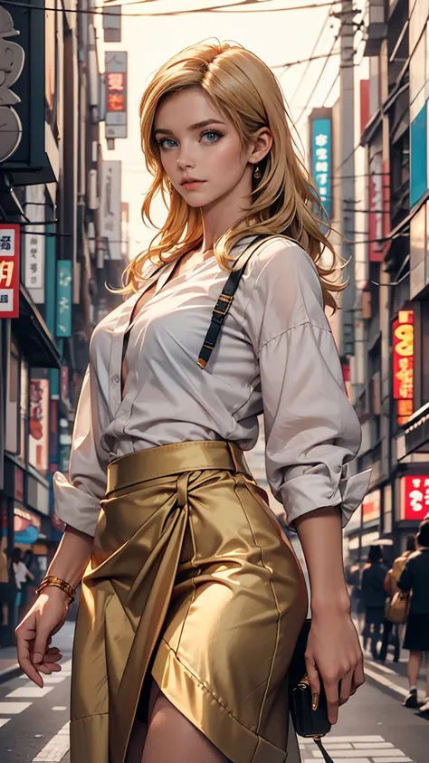 masterpiece, highest quality, 8k, Photographic reality, Realistic, Octane Rendering, Busy streets of Japan (1 female: 1.4), (There&#39;s only one woman on screen: 1.3), (White shirt), (Long golden hair), (Hip wrap skirt), (blue eyes) Upper body display