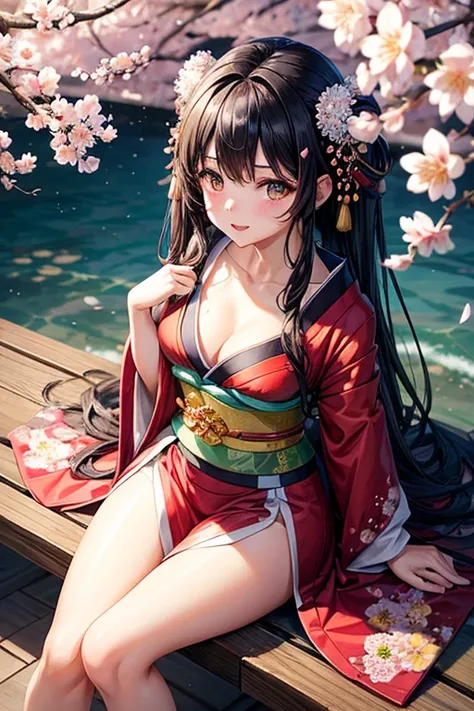 kind girl, sexy body, hime hairstyle, dark hair, kimono, sit, from above, cherry blossoms