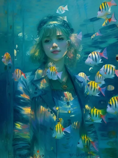 Aquarium with rainbow fish, there is a girl standing behind the glass of the aquarium, Portrait of a 25-year-old girl with long blond hair, dressed in a dress made of light material, standing in a meadow among flowers, Brome art, the image of an epic fanta...