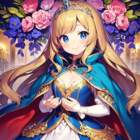 (kawaii),(best quality),(ultra detailed), upper body,(rococo style),(long train deep blue cape:1.15), very long cape,(long train deep blue ball gown with flower decorations:1.05), a girl is wearing a cape over her gown, 1 little princess, tiara, smile, ver...