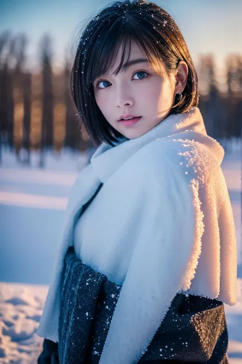 1 girl, (Winter clothes:1.2), Beautiful Japanese actresses, Photogenic, Yukihime, Long eyelashes, Snowflake Earrings, (RAW Photos, highest quality), (reality, reality的:1.4), (Flying debris), Fine and beautiful eyes, beautiful lip detail, Highly detailed ey...