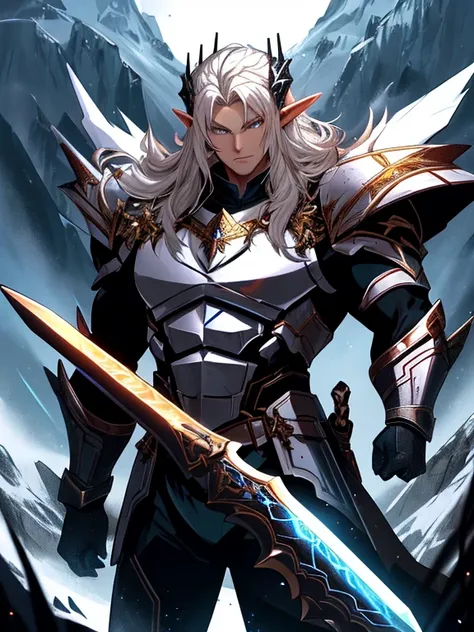 A very attractive muscular male elf with a tone, perfectly proportioned muscular body, with luminous golden hair and golden eyes that resemble those of a dragon, standing at a height of 2 meters. He wears armor made of unrefined black crystals that appear ...