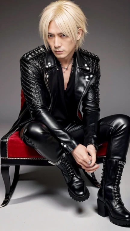 1 male Japanese gothic rocker, Asian eyes, Ultra detailed face and eyes, pretty face, Hyperrealistic, realistic representation,  40  years old, muscular, broad shoulders, wearing black rocker clothes, he wears boots, wears long leather pants, hairstyle: Vi...