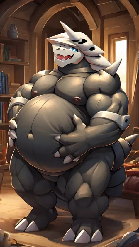 Aggron, big biceps, big belly, huge belly, hands on belly, vore, 