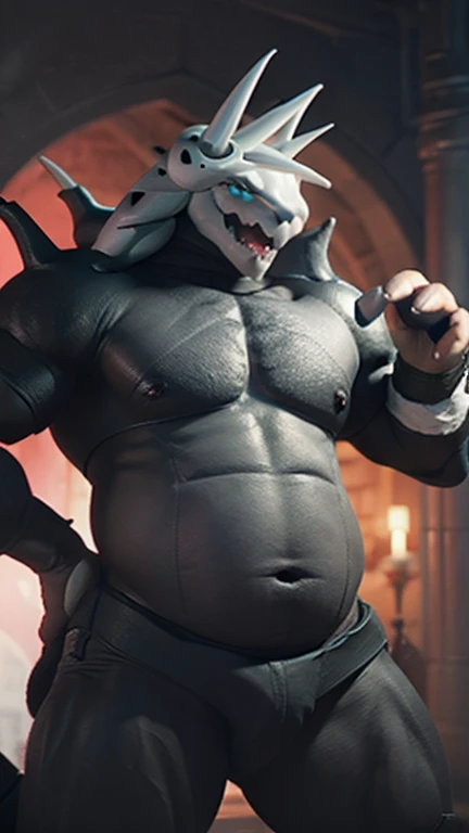 Aggron, big biceps, big belly, huge belly, hands on belly, 