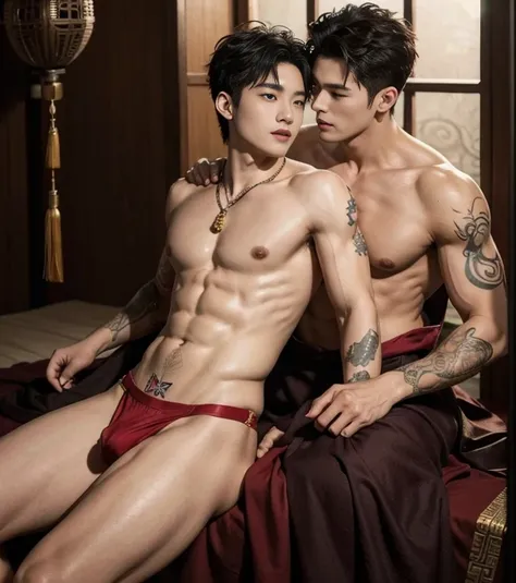 Two  handsome boys kissing, smiling at each other,hugging, kissing, touching lips, cuddle, romantic,skin ship,  sexy posture, Chinese Men God, Mythology, realistic, Chinese odyssy, super Handsome,manly,  kpop idol, handsome korean actor, 20 years old,, det...