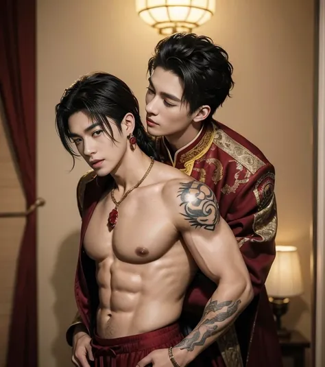 Two  handsome boys kissing, smiling at each other,hugging, kissing, touching lips, cuddle, romantic,skin ship, Chinese Men God, Mythology, realistic, Chinese odyssy, super Handsome,manly,  kpop idol, handsome korean actor, 20 years old,, detailed face, man...