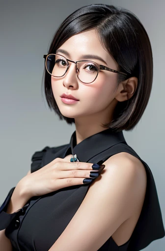 (best quality,8k,high resolution,masterpiece:1.2), 
(ultra-detailed,realistic:1.37),(portraits),
(short hairstyles),(Wellington-shaped glasses with black cell frames:1.2), 
(A lady of pure essence, adorned with innocence and a pristine aura, yet fortified ...