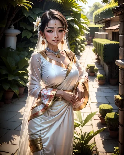 a close up of a woman in a white dress standing in a garden, wearing bihu dress mekhela sador, assamese aesthetic, traditional beauty, * colour splash *, shot on nikon z9, with lovely look, very beautiful enga style, candid picture, with kerala motifs, sho...