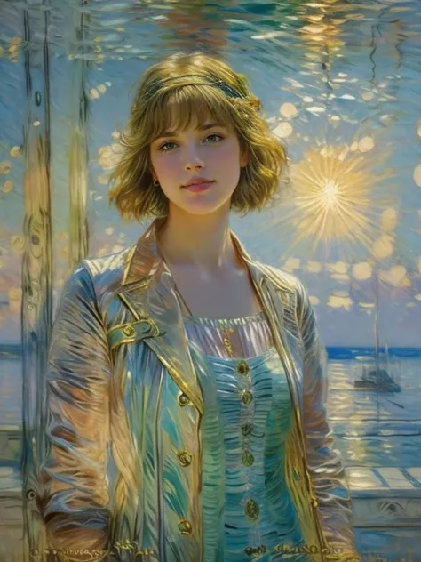 Aquarium with rainbow fish, behind the thick glass of the aquarium there is a girl, Portrait of a 25-year-old girl with long blond hair, dressed in a dress made of light material, the rays of the sun are refracted through the water and shine on the girls f...