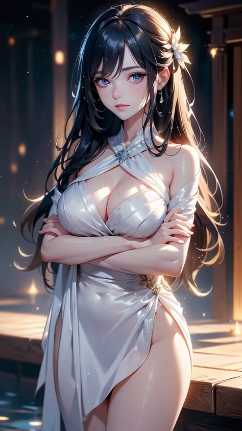 1 girl, solitary:1.2, (18 years old:1.2), Cute little trumpet, entity, Sweating of the skin, glowing skin, Slim, (Dull bangs: 1.2), Smile, Cute face, Exquisite eyes,, ((naked，Wrapped in a towel)), ((hot spring)), Beautiful breasts、Huge breasts:1.4，plump br...