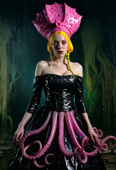 8K, ARTISTIC photogrAphy, best quAlity, mAsterpiece: 1.2), A (potrAit:1.2)  witch BLOOD Toon Doll Cthulhu nun QUEEN, EYES, PINK many octopus style tentacles, full body RAW candid cinema, yellow hair, 16mm, color graded portra 400 film, remarkable color, ul...