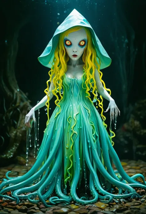 8K, ARTISTIC photogrAphy, best quAlity, mAsterpiece: 1.2), A (potrAit:1.2)  witch BLOOD Toon Doll Cthulhu nun QUEEN, EYES, CYAN many octopus style tentacles, full body RAW candid cinema, yellow hair, 16mm, color graded portra 400 film, remarkable color, ul...