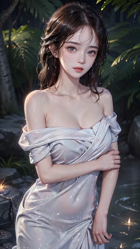 1 girl, solitary:1.2, (18 years old:1.2), Cute little trumpet, entity, Sweating of the skin, glowing skin, Slim, (Dull bangs: 1.2), Smile, Cute face, Exquisite eyes,, ((naked，Wrapped in a towel)), ((hot spring)), Beautiful breasts、Huge breasts:1.4，plump br...