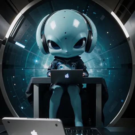 Best quality, nice look.
Cute alien sitting at a desk in front of a laptop.
Universe Traffic logo on top of the image