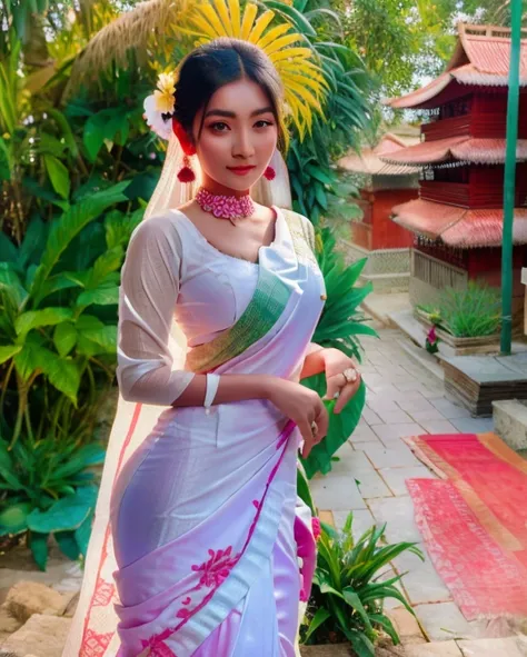 a close up of a woman in a white dress standing in a garden, wearing bihu dress mekhela sador, assamese aesthetic, traditional beauty, * colour splash *, shot on nikon z9, with lovely look, very beautiful enga style, candid picture, with kerala motifs, sho...